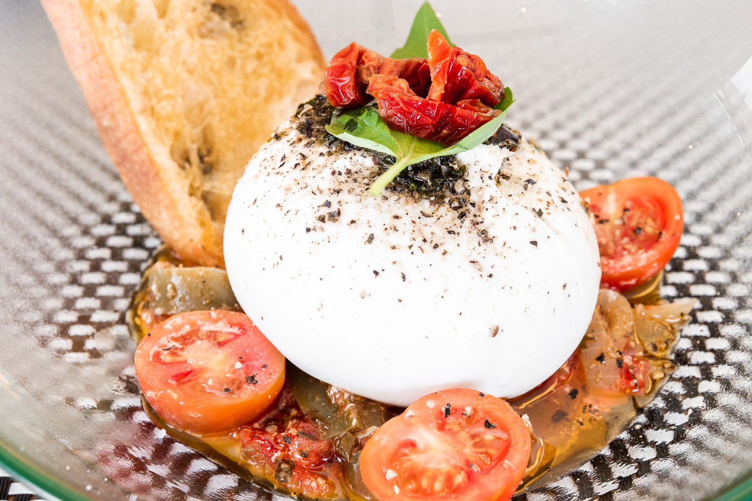 fresh cheese, tomato, basil and bread.