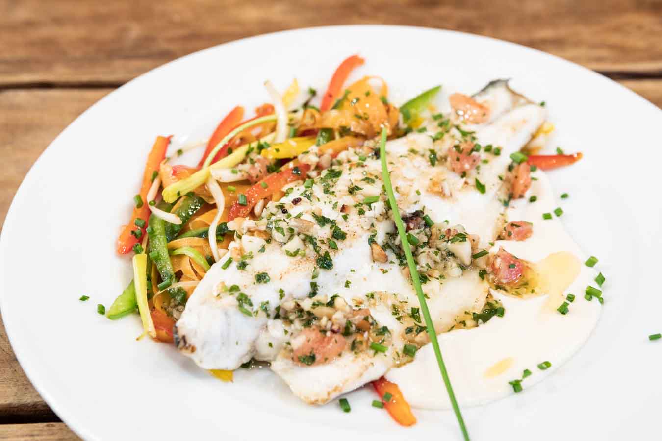 Sea bass from National Vete la Palma Park with coconut and almonds sauce