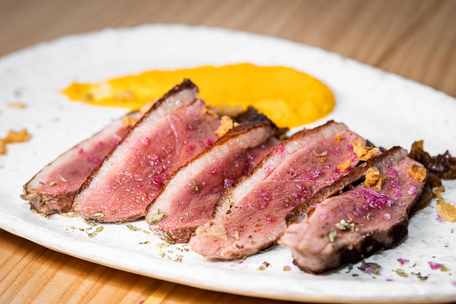 Duck breast with sweet and sour onion and orange sauce 