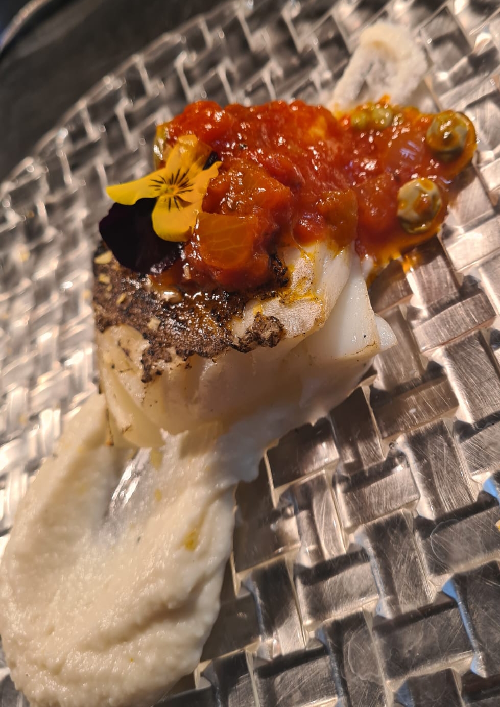 Baked cod with ratatouille and cauliflower puree