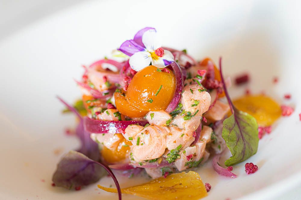 Salmon ceviche with crunchy plantain and radishes