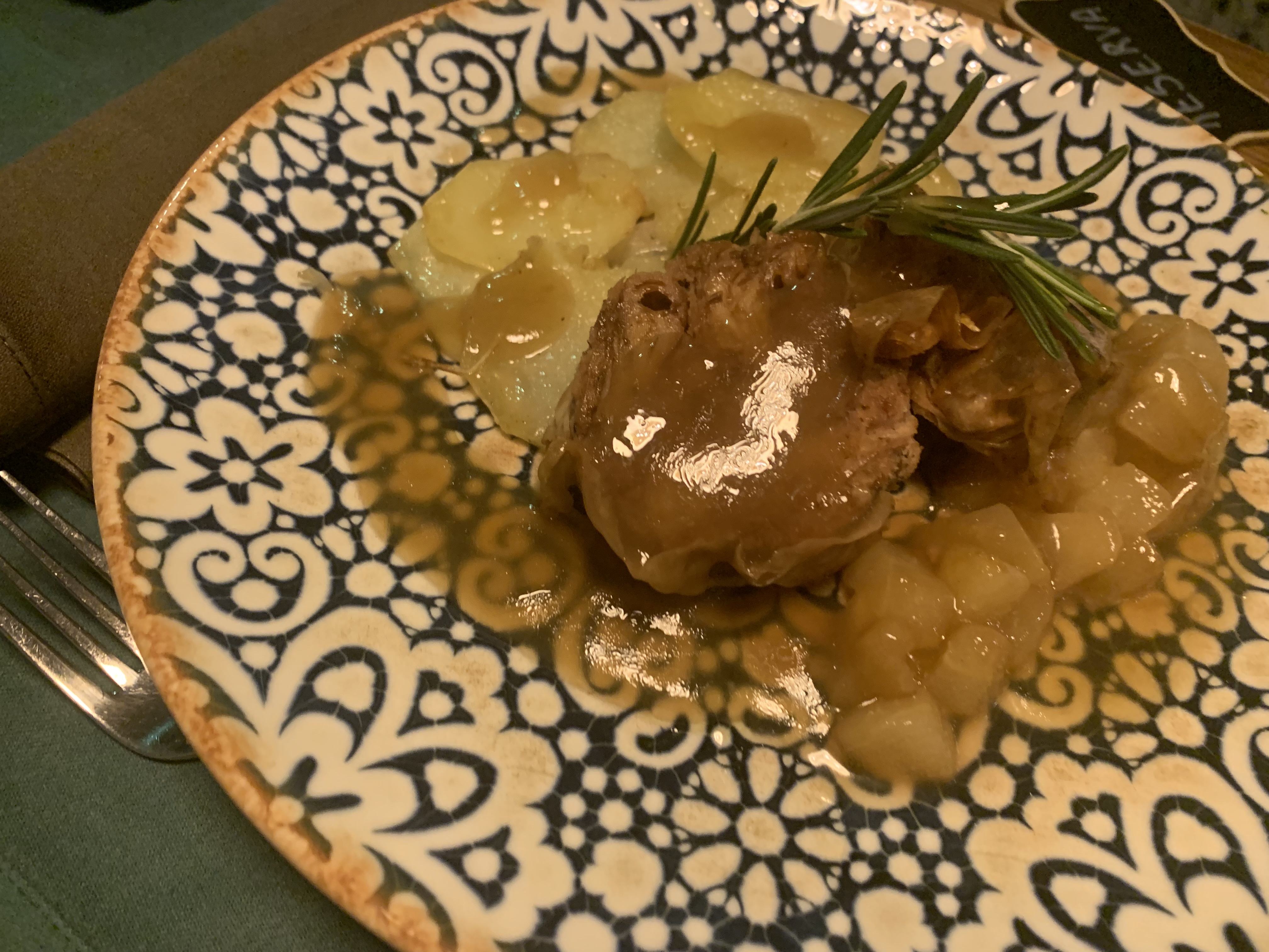 'NotLamb' with baked potato and sautéed pear.
