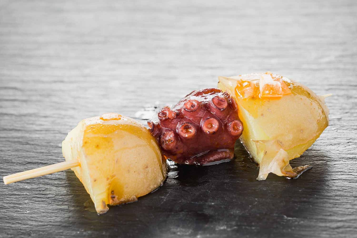 Potato and octopus skewer