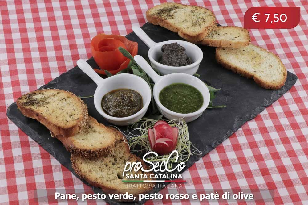 Bread, green pesto, red pesto and olive pate