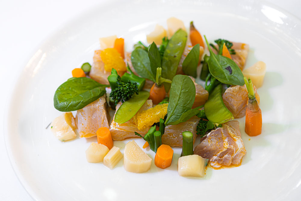 Sea bass dices and pickled vegetables
