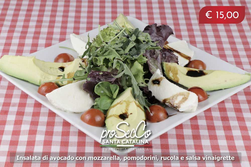 Avocado salad with buffalo mozzarella, cherry tomatoes, arugula and vinaigrette sauce